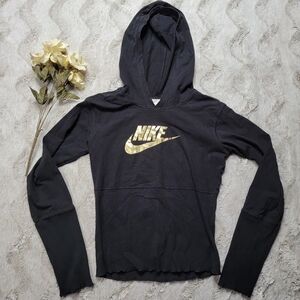 Vintage Nike Wide Ribbed Hem Long Sleeve Hoodie‎ Sweater Gold Logo Juniors Sz L